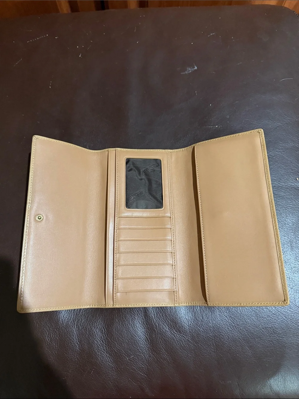Coach Khaki Signature Canvas Continental Wallet with Tan Trim